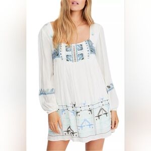 Free People Rhiannon Embroidered Mini Dress Square Neck Baby Doll Long Sleeve-XS